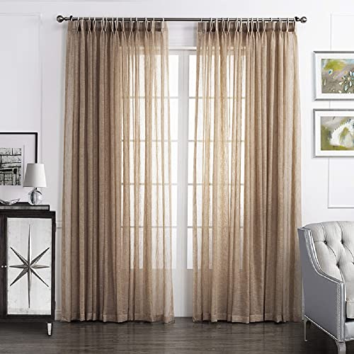 Sedefen 2er Set Sheer Voile Vorhänge Taupe Beige Transparent Kräuselband Leinenoptik Vorhang Kurz Gardinen Schals für Wohnzimmer Schlafzimmer Kinderzimmer 132x214cm (B x H) von Sedefen