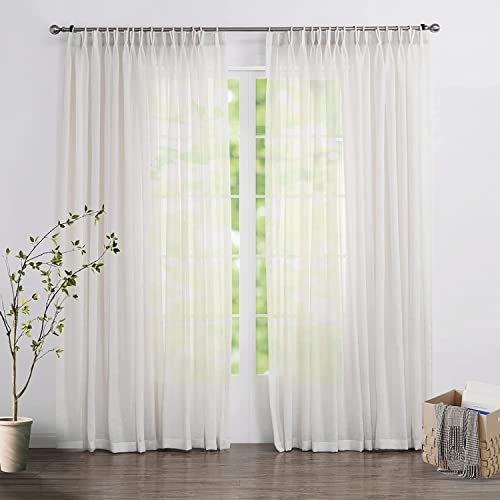 Sedefen 2er Set Sheer Voile Vorhänge Weiß Transparent Kräuselband Leinenoptik Vorhang Kurz Gardinen Schals für Wohnzimmer Schlafzimmer Kinderzimmer 132x275cm (B x H) von Sedefen
