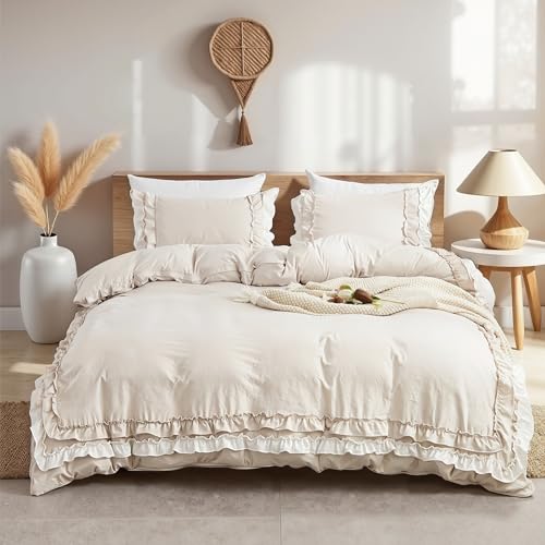 Sedefen Bedding Bettwäsche 220 x 240 cm Beige mit Weiß Rüschen Exquisite aus Mikrofaser Elegant Bettwäsche-Sets mit 2 Kissenbezüge 80 x 80cm für Doppelbett mit Reißverschluss von Sedefen