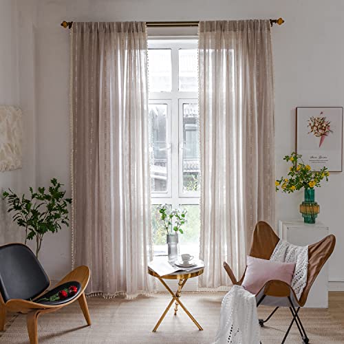 Sedefen Beige Boho Vorhang mit Quasten Decor Durchscheinend Baumwolle Leinen-Optik Verdunkelungsgardine Wohnzimmer Schlafzimmer Vintage Blickdichte Vorhänge (B 140cm x H 180cm,1 Stück) von Sedefen