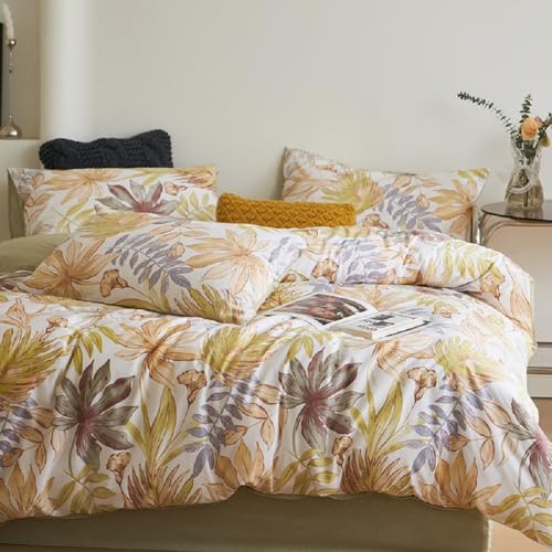 Sedefen Bettwäsche 135x200 Pflanzenmuster,Gelb Weiß Blätter Botanisch Wendebettwäsche Set aus Mikrofaser,ÖkoTex Bettwäsche 1 Bettbezug & 1 Kissenbezug 80x80 cm mit Reißverschluss von Sedefen
