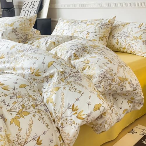 Sedefen Bettwäsche 135x200cm Baumwolle Weiß Gelb Blätter Pflanzen Wende Bettwäsche Set 2teilig Botanisch Blumen Floral Muster Weich Renforce Bettbezug mit Reißverschluss und 1 Kissenbezug 80x80cm von Sedefen