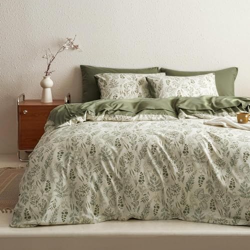 Sedefen Bettwäsche 135x200cm Grün Weiß Blätter Wendebettwäsche Set 2Teilig Olivgrün Blätter Pflanzen Blumenmuster Vintage Microfaser Bettbezug mit Reißverschluss und 1 Kissenbezug 80x80cm von Sedefen
