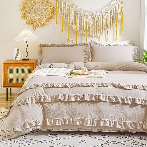 Sedefen Bettwäsche Set 135x200cm Khaki Rüschen Bettwäsche-Set Romantisch Boho Bettbezug-Set mit 3-Lagigen Rüschen Gewaschene Microfaser Weiche Bettbezug mit Reißverschluss und 1 Kissenbezug 80 x 80cm von Sedefen