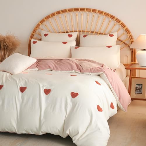 Sedefen Bettwäsche 135x200cm Rot Herz Stickerei Weiß Rosa Wendebettwäsche Set Romantisch Weich Gewaschene Mikrofaser Bettbezug Getuftet Kinder Bettbezug mit Reißverschluss und 1 Kissenbezug 80x80cm von Sedefen