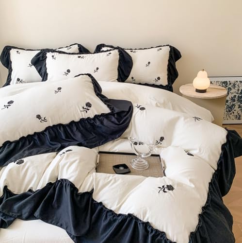 Sedefen Bettwäsche 135x200cm Schwarz Rüschen Weiß Bettwäsche Set Blumen Stickerei Weich Mikrofaser Oeko-TEX Bettbezug Romantisch Ruffle Vintage Deckenbezug mit Reißverschluss und 1 Kissenbezug 80x80cm Sedefen Bettwäsche 135x200cm Schwarz Rüschen Weiß Bettwäsche Set Blumen Stickerei Weich Mikrofaser Oeko-TEX Bettbezug Romantisch Ruffle Vintage Deckenbezug mit Reißverschluss und 1 Kissenbezug 80x80cm von Sedefen