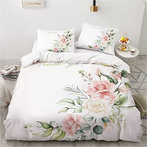 Sedefen Bettwäsche 200x200 cm Blumen Blättermotiv Grün Weiß Rosa Rosen Muster Wendebettwäsche aus Mikrofaser,Doppelbett Deckenbezug Bettbezug mit Reißverschluss und 2 Kissenbezug 80x80cm von Sedefen