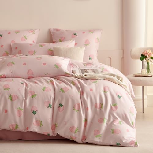 Sedefen Bettwäsche 200x200cm 3teilig Rosa Erdbeere Bettwäsche-Set Mädchen Erdbeeren Herzen ÖKO-TEX Wendebettwäsche Kinder Mikrofaser Kawaii Bettbezug mit Reißverschluss und 2 Kissenbezug 80x80cm von Sedefen