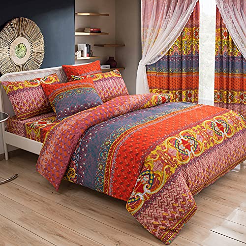 Sedefen Bohemian Bettwäsche 135x200cm Rot Orange Bunt Boho Indischen Vintage Stil Böhmisch Wendebettwäsche Set Renforce Bettbezüge mit Reißverschluss und Kissenbezug 80x80cm von Sedefen