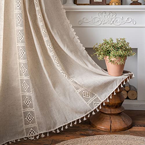 Sedefen Boho Beige Vorhänge Landhausstil Baumwolle Leinen Gardinen Stickerei Halbtransparente Spitze Leinenoptik Gardinen mit Quaste Verdunkelungvorhang Wohnzimmer Schlafzimmer,(B)150x160cm(H),2er set von Sedefen