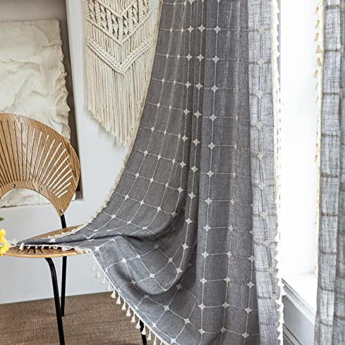 Sedefen Boho Vorhänge Dunkelgrau Leinen Textur Lichtdurchlässig Vorhänge mit Quasten Stickerei Gitter Verdunkelungvorhang Landhausstil Gardinen for Schlafzimmer Wohnzimmer 2 Stück 140x160cm(BxH) von Sedefen