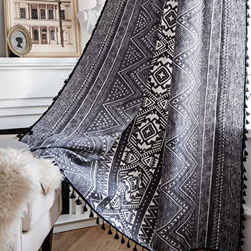 Sedefen Boho Vorhänge Landhausstil Baumwolle Leinen Gardinen Blickdicht Schwarz Weiß Geometrisch Leinenoptik Gardinen Verdunkelung Vorhang für Wohnzimmer Schlafzimmer,1 Stück (B) 150 × 240cm (H) von Sedefen