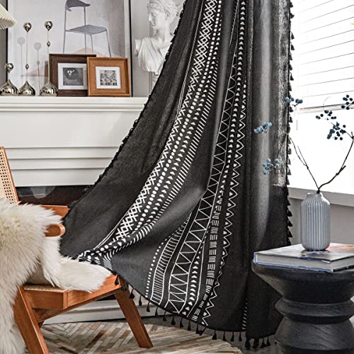 Sedefen Boho Vorhänge Landhausstil Baumwolle Leinen Gardinen Blickdicht Schwarz Weiß Streifen Leinenoptik Gardinen mit Quaste Verdunkelung Vorhang für Wohnzimmer Schlafzimmer,2er set (B) 150x200cm (H) von Sedefen