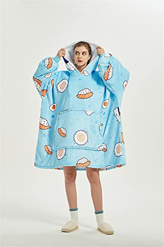 Sedefen Decke Hoodie Sweatshirt mit Känguru Tasche,TV-Decke Kuscheldecke mit Ärmel,Flauschige Sherpa Fleecedecke,übergroße Tragbare Morgenmantel,Blau mit ESushi-Muster,Einheitsgröße,198x122 cm von Sedefen