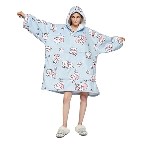 Sedefen Decke Hoodie Sweatshirt mit Känguru Tasche,TV-Decke Kuscheldecke mit Ärmel,Flauschige Sherpa Fleecedecke,übergroße Tragbare Morgenmantel,Blau mit Elefantenmuster,Einheitsgröße,198x122 cm von Sedefen