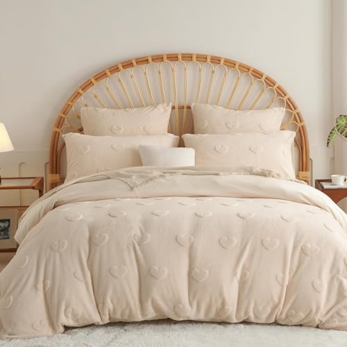 Sedefen Flauschig Bettwäsche 135x200 4Teilig Beige,Flauschig Fleece Sherpa Winterbettwäsche mit Getuftet Herzen,Cashmere Touch Warme 2 Bettbezug und 2 Kissenbezug 80x80 mit Reißverschluss von Sedefen