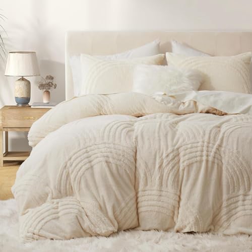 Sedefen Flauschig Bettwäsche 135x200 Beige,Flauschig Fleece Sherpa Winterbettwäsche mit Getuftet Geometrischmuster,Cashmere Touch Warme Bettbezug und 1 Kissenbezug 80x80cm mit Reißverschluss von Sedefen