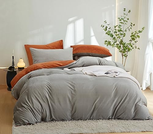 Sedefen Flauschig Bettwäsche 135x200 cm Grau Orange Winter Plüsch Flanell Fleece Wendebettwäsche Set Warme Cashmere Touch Biber Bettbezug mit Reißverschluss und 1 Kissenbezug 80x80cm von Sedefen