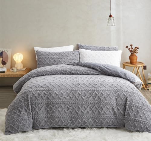 Sedefen Flauschig Bettwäsche 200x200 cm Grau Biber Flanell Fleece Geometrischmuster Cashmere Touch Winterbettwäsche Warme Bettbezug und 1 Kissenbezug 80x80cm mit Reißverschluss von Sedefen