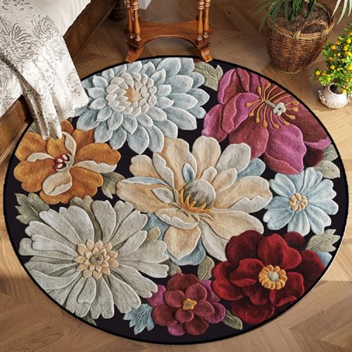 Sedefen Kurzflor Teppich Rund 100 cm Bunt Blumen Muster Terrassen Teppich Dekorative Wohnzimmer Schlafzimmer Vintage Teppich Läufer Indische Boho,Anti-Rutsch Unterseite,Felloptik von Sedefen