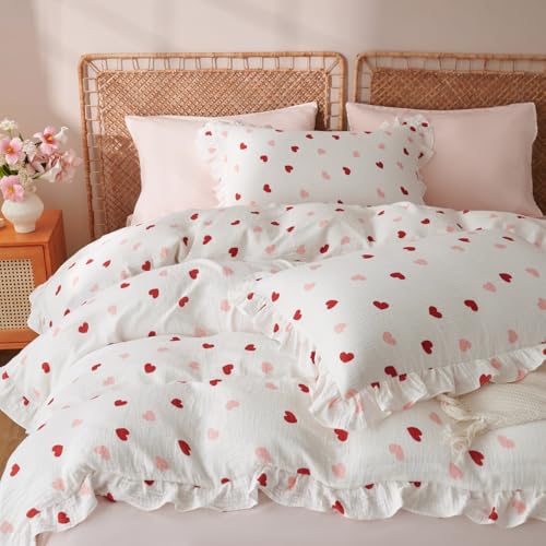 Sedefen Musselin Bettwäsche 200x200 Baumwolle Rot Rosa Herzen Bettwäsche mit Rüschen ÖKO-TEX Bettwäsche Musselin mit Reißverschluss, Bettbezug mit 2 Kissenbezüge 80x80 cm Sedefen Musselin Bettwäsche 200x200 Baumwolle Rot Rosa Herzen Bettwäsche mit Rüschen ÖKO-TEX Bettwäsche Musselin mit Reißverschluss, Bettbezug mit 2 Kissenbezüge 80x80 cm von Sedefen