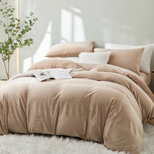 Sedefen Plüsch Bettwäsche 135x200cm Beige Flauschig Flanell Fleece Warme Winterbettwäsche Cashmere Touch Coral Kuschelige Bettbezug und 1 Kissenbezug 80x80cm mit Reißverschluss von Sedefen