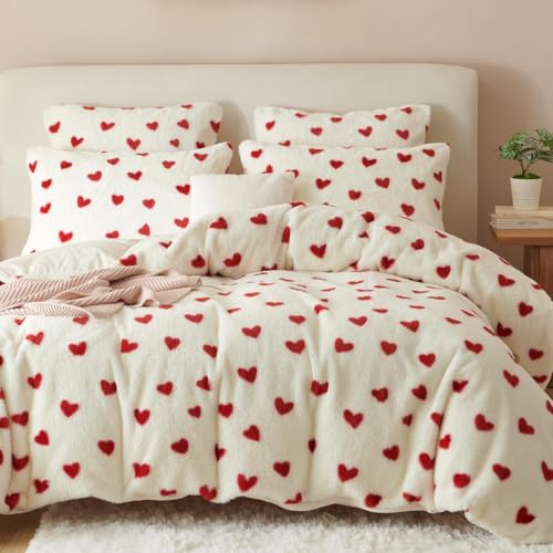 Sedefen Plüsch Bettwäsche 200x220 cm Flauschig Kunstfell,Rot Herzen Bettwäsche Mädchen Warme Winterbettwäsche Shaggy Flanell Bettbezug und 2 Kissenbezug 80x80cm mit Reißverschluss von Sedefen