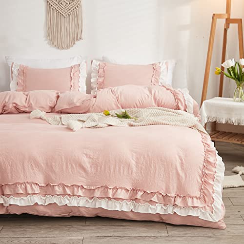 Sedefen Rosa Rüschen Bettwäsche 200x220cm 3 Teilig Mädchen Elegant Bettwäsche-Set Rüschen Fransen Dekor Wendebettwäsche Angenehme Mikrofaser Bettbezug Set mit Reißverschluss und 2 Kissenbezug 80x80cm von Sedefen