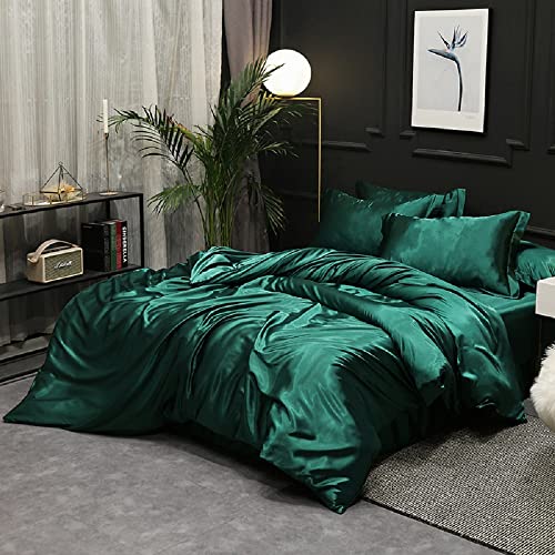 Sedefen Satin Bettwäsche 135x200cm Dunkelgrün Grün Glatt Glanzsatin Seide Sommerbettwäsche Set Uni Luxus Bettbezug mit Reißverschluss und Kissenbezug 80x80cm von Sedefen