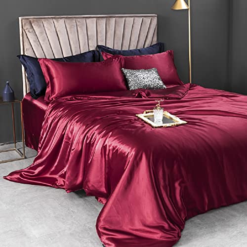 Sedefen Satin Bettwäsche 135x200cm Rot Burgund Weinrot Glatt Glanzsatin Seide Sommerbettwäsche Set Uni Luxus Bettbezug mit Reißverschluss und Kissenbezug 80x80cm von Sedefen