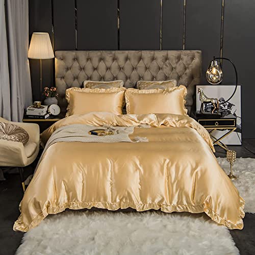 Sedefen Satin Bettwäsche Set 135x200cm mit Rüschen Gold Glatt Glänzend Luxus Seide Bettwäsche Set Kühlender Uni Sommer Bettbezug mit Reißverschluss und Kissenbezug 80x80cm von Sedefen