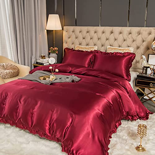 Sedefen Satin Bettwäsche Set 135x200cm mit Rüschen Rot Burgund Glatt Glänzend Luxus Seide Bettwäsche Set Kühlender Uni Sommer Bettbezug mit Reißverschluss und Kissenbezug 80x80cm von Sedefen