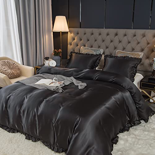 Sedefen Satin Bettwäsche Set 135x200cm mit Rüschen Schwarz Glatt Glänzend Luxus Seide Bettwäsche Set Kühlender Uni Sommer Bettbezug mit Reißverschluss und Kissenbezug 80x80cm von Sedefen