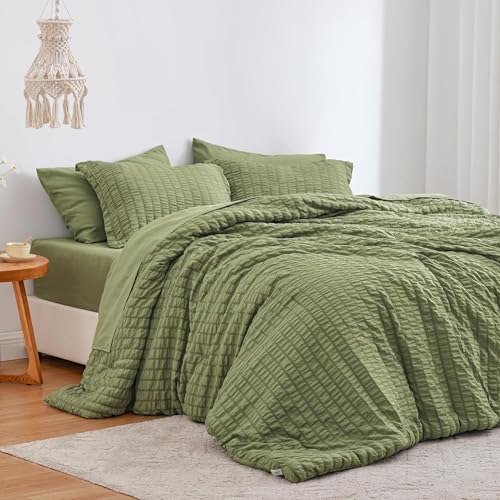 Sedefen Seersucker Bettwäsche 200x220cm Olivgrün Unifarben Wende Bettwäsche Set Weiche Doppelbett Sommer Bettbezug 200x220cm und 2 Kissenbezüge 80x80cm mit Reißverschluss von Sedefen