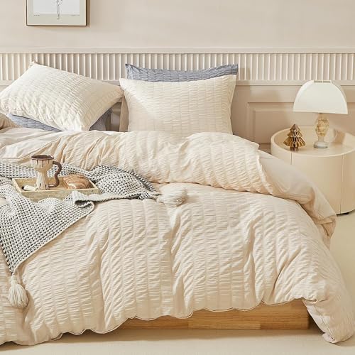 Sedefen Seersucker Bettwäsche 220x240cm Beige Creme Unifarben Wende Bettwäsche Set Weiche Doppelbett Sommer Bettbezug 220x240cm und 2 Kissenbezüge 80x80cm mit Reißverschluss von Sedefen