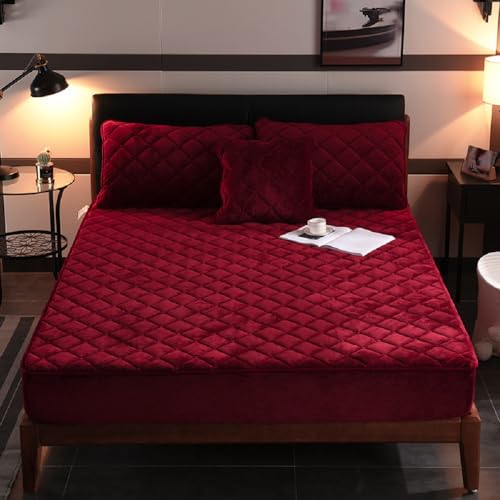 Sedefen Spannbettlaken 180x200 cm Burgundy Rot Biber Warme Flannell ＆ Füllung Baumwolle Bettlaken Flauschige Kariertmuster Cashmere Touch Boxspringbett Spannbetttuch für 25 bis 30cm Matraze von Sedefen