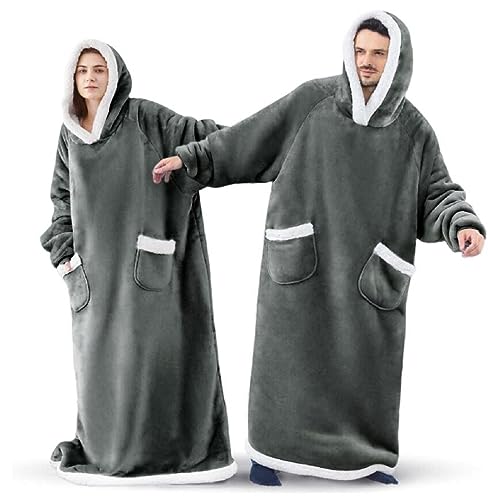 Sedefen Sweatshirt Hoodie Decke mit Ärmeln Deckenpullover,Flauschige Sherpa Kuscheldecke Tragbare Decke,Übergroße Kapuzenpullover für Damen Herren Erwachsene Warm Ärmeldecke Dunkelgrau von Sedefen