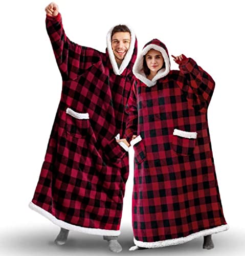 Sedefen Sweatshirt Hoodie Decke mit Ärmeln Deckenpullover,Flauschige Sherpa Kuscheldecke Tragbare Decke,Übergroße Kapuzenpullover für Damen Herren Erwachsene Warm Ärmeldecke Rot Kariert von Sedefen