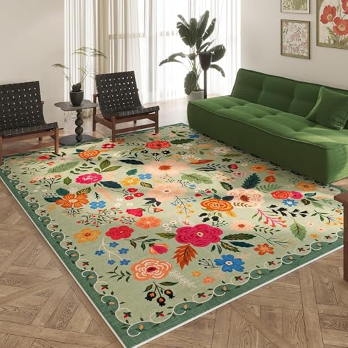 Sedefen Teppich Grün 120x160 cm Kurzflor Blumen Boho Rutschfester Waschbarer Flauschig Teppich Wohnzimmer Schlafzimmer Kinderzimmer Küche von Sedefen