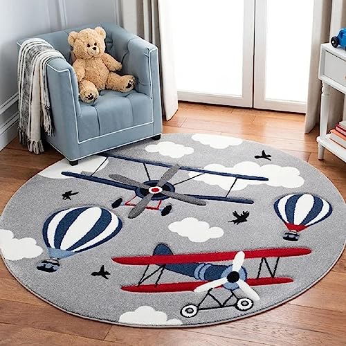 Sedefen Teppich Rund 120cm Kinderzimmer Jungen Flugzeug Grau Kinderteppich Waschmaschinenfest rutschfest Flauschig Teppich für Schlafzimmer Wohnzimmer von Sedefen