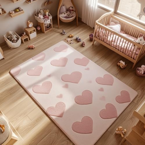 Sedefen Teppich Wohnzimmer Waschbar rutschfest Teppich Schlafzimmer,Antirutschmatte für Teppich Flauschig,Rosa Herzen Teppich Kinderzimmer Mädchen Kurzflor,80x120cm von Sedefen