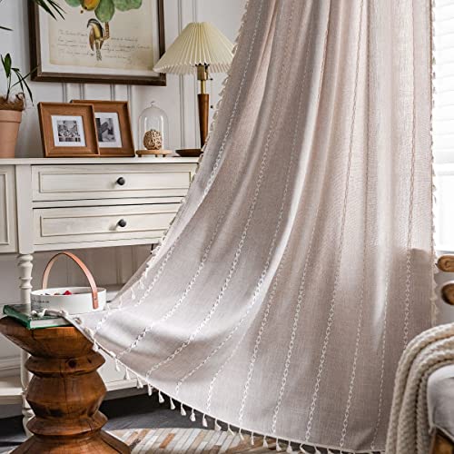 Sedefen Vorhänge Beige Baumwolle Leinen Gardinen Landhausstil Stickerei Halbtransparente Leinenoptik Streifen Gardinen mit Quasten für Wohnzimmer Schlafzimmer Bauernhaus,2er Set,(B) 150×240cm(H) von Sedefen