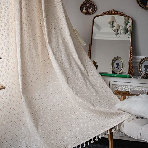 Sedefen Vorhänge Blickdicht mit Kräuselband Beige Blumenmuster Baumwolle Leinen Gardinen Landhausstil Leinenoptik Boho Gardinen mit Quasten für Wohnzimmer Schlafzimmer,1 Stück,(B) 150×240cm(H) von Sedefen