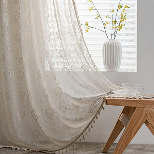 Sedefen Vorhänge Blumen Beige Weiß Baumwolle Leinen Gardinen Landhausstil Stickerei Halbtransparente Leinenoptik Vintage Gardinen mit Quasten für Wohnzimmer Schlafzimmer,1 Stück,(B) 150 × 260cm (H) von Sedefen