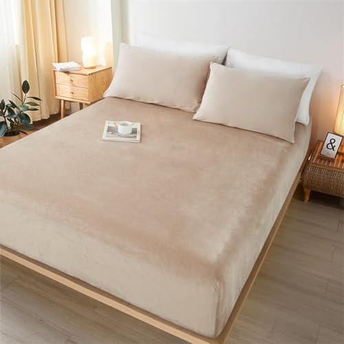 Sedefen Warme Spannbettlaken 140x200cm Beige Winter Flannell Bettlaken Plüsch Flauschige Cashmere Touch Boxspringbett Spannbetttuch für 25 bis 30cm Matraze von Sedefen