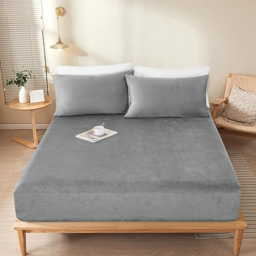 Sedefen Warme Spannbettlaken 140x200cm Grau Hellgrau Winter Flannell Bettlaken Plüsch Flauschige Cashmere Touch Boxspringbett Spannbetttuch für 25 bis 30cm Matraze von Sedefen