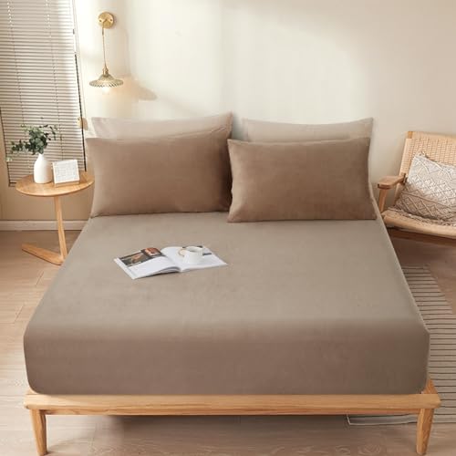 Sedefen Warme Spannbettlaken 160x200cm Khaki Taupe Winter Flannell Bettlaken Plüsch Flauschige Cashmere Touch Boxspringbett Spannbetttuch für 25 bis 30cm Matraze von Sedefen