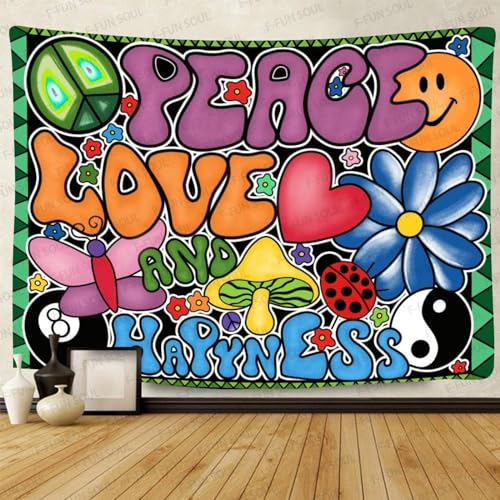 Sedomax Peace Love And Happiness Tapisserie Wandteppich 70er Jahre Hippie Ästhetischer Wandteppich Wandbehang für Schlafzimmer Wohnzimmer Wohnheim Dekor von Sedomax