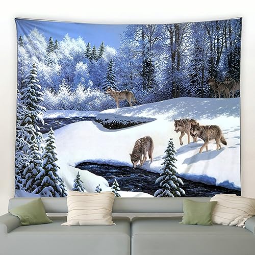 Sedomax Winter Wald Landschaft Tapisserie Wilde Tiere Wolf Wandbehang Hippie Wandteppiche Schlafzimmer Wohnzimmer Dekor Decke Tischdecke 130cmx150cm (51”x59”) von Sedomax