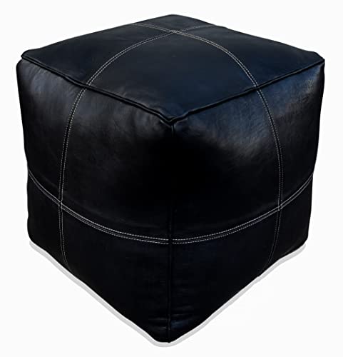 See the Good Modern Quadratischer Leder Pouf - Handgefertigt - gefüllt geliefert - Ottoman, Sitzsack, Fußhocker (Schwarz) von See the Good